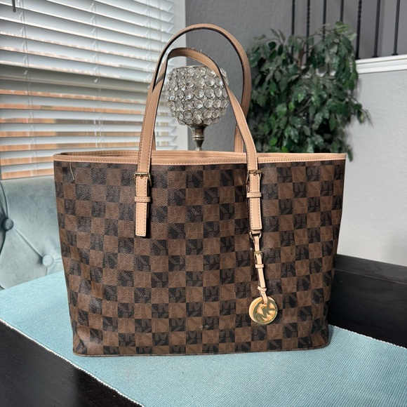 Michael Kors Dark Brown Checkered Tote - Picture 1 of 10